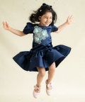 Blue Satin A-Line Dress With 3 Flowers