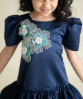 Blue Satin A-Line Dress With 3 Flowers