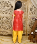 Red With All Over Gold Print Kurta & Yellow Dhoti Set