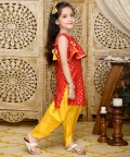 Red With All Over Gold Print Kurta & Yellow Dhoti Set