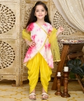 Girls Tie & Dye Angrakha Kurta With Yellow Dhoti & Dupatta