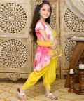 Girls Tie & Dye Angrakha Kurta With Yellow Dhoti & Dupatta