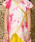 Girls Tie & Dye Angrakha Kurta With Yellow Dhoti & Dupatta