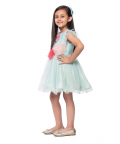 Aqua Green Dupion With Bright Pink Flamingo Applique On The Bodice