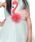 Aqua Green Dupion With Bright Pink Flamingo Applique On The Bodice