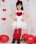 Sleevless Ruffle Big Red Heart Yoke Fit & Flare White Dress