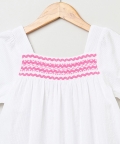 White Cotton Seersucker Dress With Pink Lace Embroidery