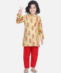 Floral Print Cotton Kurta Pajama-Yellow