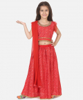 Bandhani Net pleated Sleeves Lehenga-Red