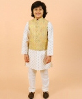 Yellow Bandi With Off White Kurta Set With Golden Work