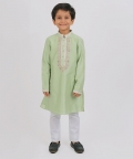 Pista Green Kurta With Neck Embroidery & White Pajama