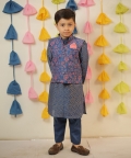 Blue Block Printed Kurta Set With Jacket