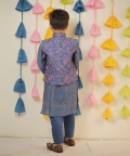 Blue Block Printed Kurta Set With Jacket
