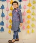 Blue Block Printed Kurta Set With Jacket