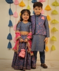 Blue Block Printed Kurta Set With Jacket