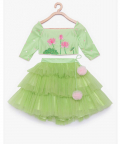 Green Lotus Choli And Tiered Lehenga With Pink Dupatta