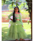 Green Lotus Choli And Tiered Lehenga With Pink Dupatta