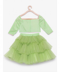 Green Lotus Choli And Tiered Lehenga With Pink Dupatta
