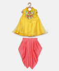 A Line Yellow Organza Kurta With Pink Dhoti