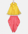 A Line Yellow Organza Kurta With Pink Dhoti