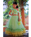 Sunflower one shouldered Green Top with tiered Lehenga