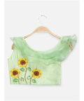 Sunflower one shouldered Green Top with tiered Lehenga