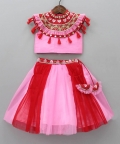 Red and Pink High Neck Embroided Lehenga