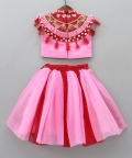 Red and Pink High Neck Embroided Lehenga