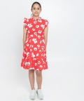 Red Bold Floral Print Fit & Flare With Ruffled Sleeves Dress