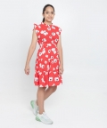 Red Bold Floral Print Fit & Flare With Ruffled Sleeves Dress