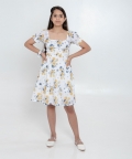 Floral Printed Fit And Flare With Puffed Sleeves Dress