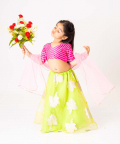Parrot Green Organza Lehenga With Pink Gota Detail Choli Set