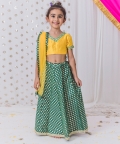 Dark Green Chanderi Lehnga Set With Mustard Top