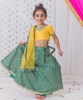 Dark Green Chanderi Lehnga Set With Mustard Top