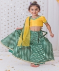 Dark Green Chanderi Lehnga Set With Mustard Top
