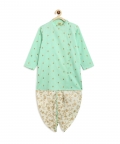Boys Nawab Dhoti Kurta Cotton Set Gold Print-Green