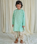 Boys Nawab Dhoti Kurta Cotton Set Gold Print-Green