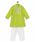 Boy Bandhani Print Cotton Kurta Set - Green