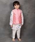 Pink Nehru Jacket With Hummingbird Print Kurta & Pant Set