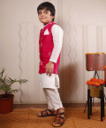 Self Printed Kurta Pajama Set With Pink Jacket