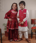 Self Printed Kurta Pajama Set With Pink Jacket
