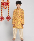 Vastramay Boys Multicolor-Base-Mustard And Cream Kurta Pyjama Set