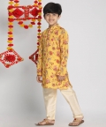 Vastramay Boys Multicolor-Base-Mustard And Cream Kurta Pyjama Set