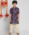 Vastramay Boys Multicolor-Base-Navy Blue And Cream Kurta Pyjama Set