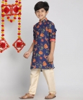 Vastramay Boys Multicolor-Base-Navy Blue And Cream Kurta Pyjama Set