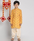 Vastramay Boys Multicolor-Base-Mustard And Cream Kurta Patiala Set
