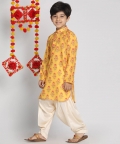 Vastramay Boys Multicolor-Base-Mustard And Cream Kurta Patiala Set