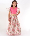 Vastramay Girls Printed Silk Blend Ruffled Crop Top And Skirt Set