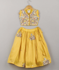 Yellow Abhla Work And Multi Colour Threadwork Top With Lehenga