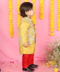 Yellow Kurta With Off White Floral Jacket And Pyjama